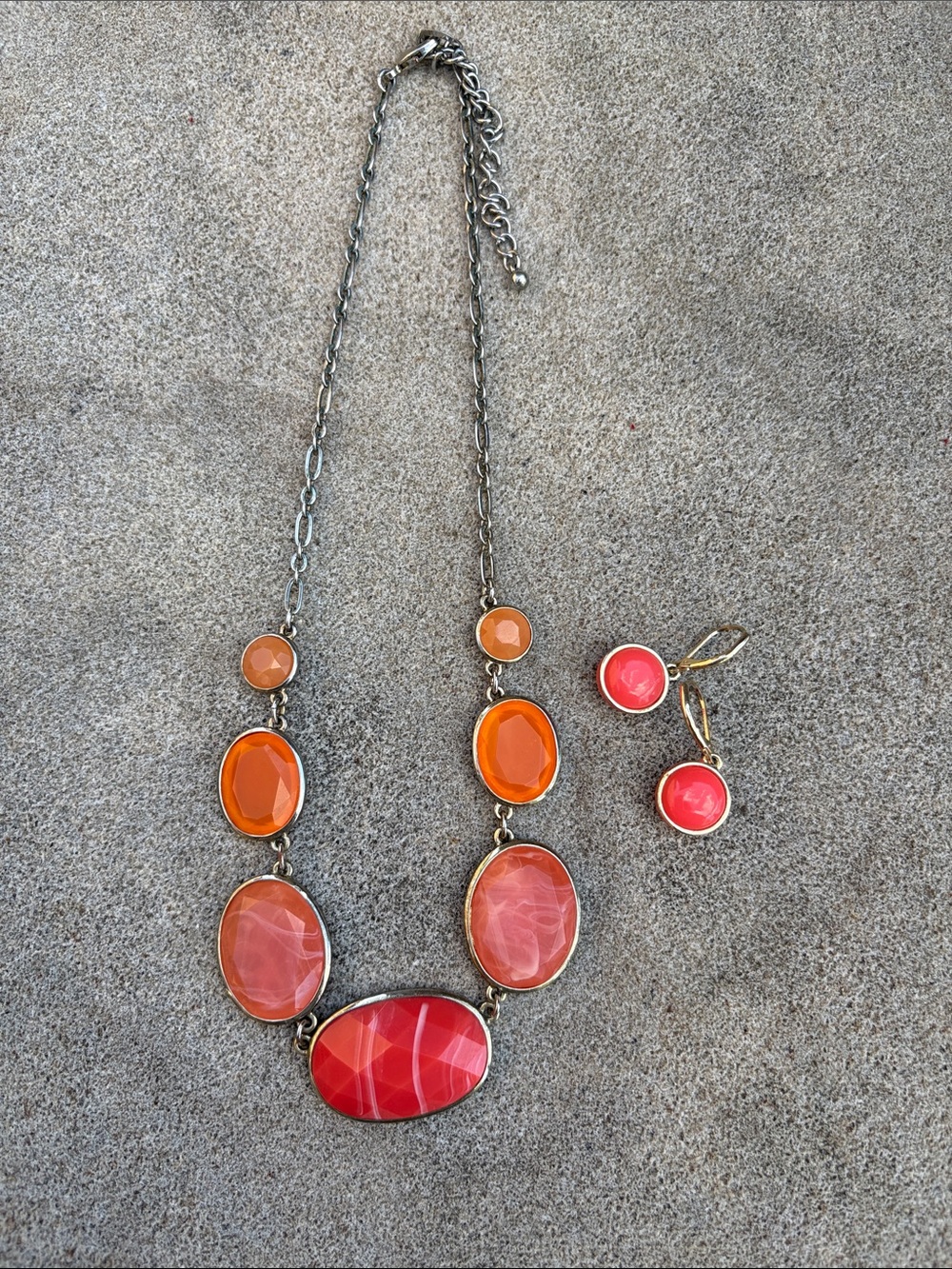Orange & Coral Stone Statement Necklace with Matching Earrings